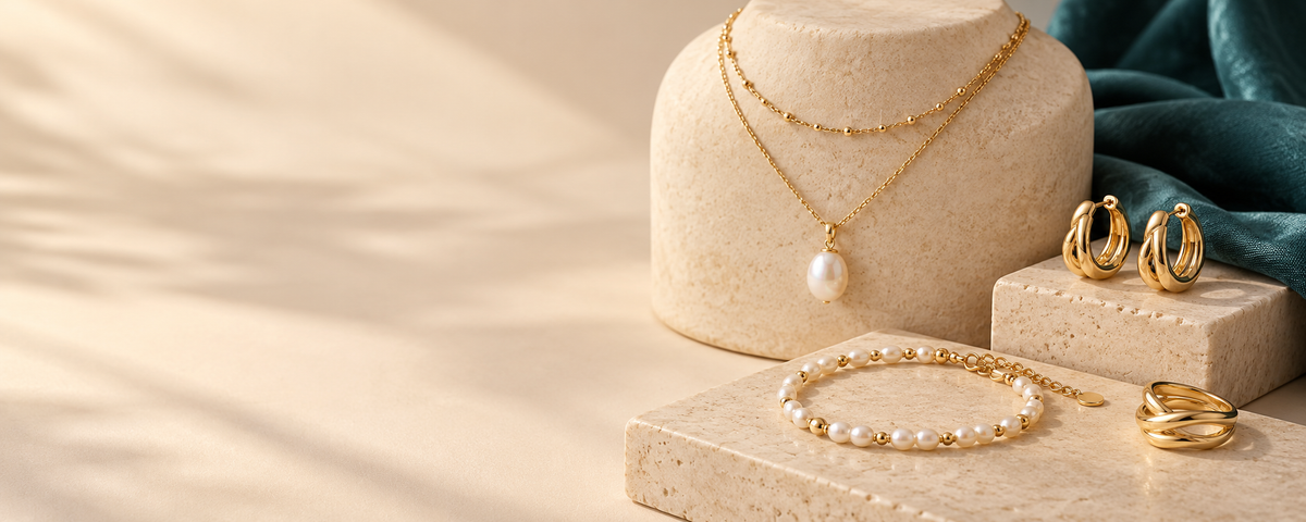 Necklaces and earrings on a cream jewelry display
